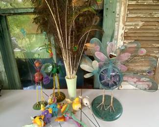 Iron And Wire Whimsical Birds Statues and Lawn Art w Peacock Feathers