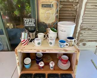 Vintage Bread Box w Various Espresso Supplies Inc Starbucks Coffee Cups
