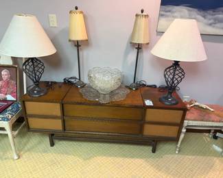 Lamps, MCM Style Record Credenza 