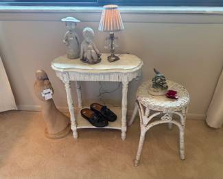White Nightstand, Wicker Stool, Decorative Lamp, Alva Studios Figure of Mother & Child