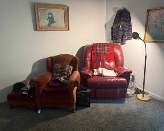 Leather Chairs, Decorative Pillows, Throw Blanket, Floor Lamp, Framed Art 