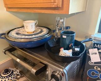 Cast Iron Skillet, Mugs, Plates, Toaster Oven 