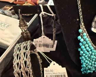Sterling Feather Earrings, Sterling Mesh Bracelet