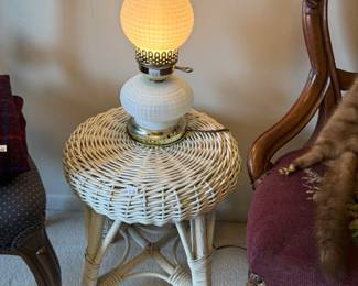 Wicker Table, Vtg Lamp 
