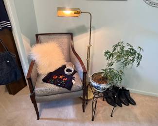 Accent Chair, Decorative Pillow, Floor Lamp, Plant Stand, Dwarf Umbrella Tree Plant, Shoes