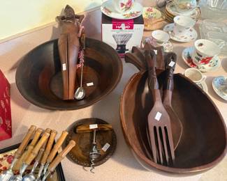 Wooden Bowl & Serving Utensils  