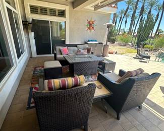 Outdoor sectional lounge set with fire pit table