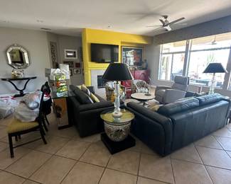 Black leather sectional sofa set. Living room seating.