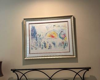 Framed Marc Chagall print. Pastoral village scene with floating figures.