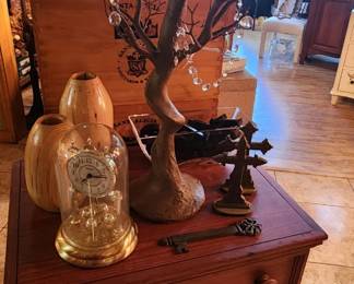 Chest, decorative items, wood carved vases