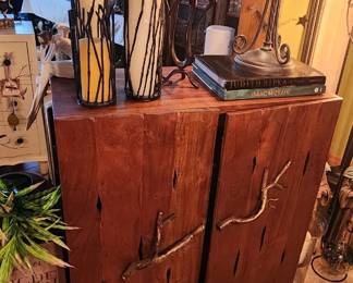 Decorative Cabinet, Faux Tiffany lamps, coffee table books