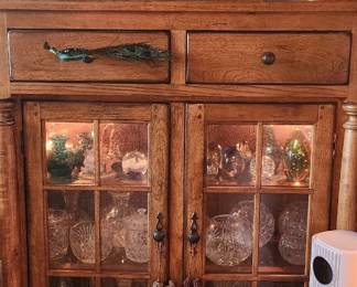 Decorative cabinet, crystal and glass inside, Peacock faux stained glass, pottery