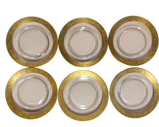 6 vintage gold-rimmed glass dessert/bread plates