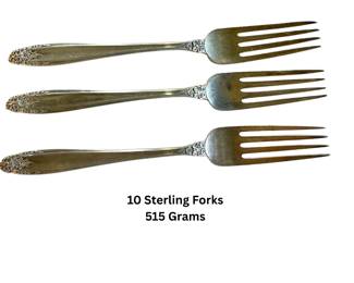 A matching set of 10 vintage solid sterling silver dinner forks in "Prelude" pattern by International Silver Company. 515 Grams