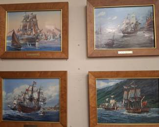 Set 4 Framed Porcelain Ship Plaques