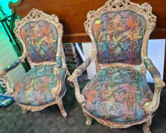 Pair Large French Chairs w/ Vibrant Upholstery
