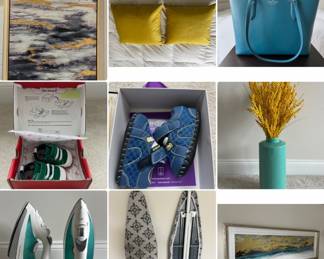 air purifier, vertical fan, telescope, wall art, 2 yellow decorative pillow, brand new tag still attached Kate Spade purse, brand new never used green baby shoes, brand new never used blue baby shoes, green vase with faux flowers, 2 identical irons, 2 identical ironing boards, wall art, tree wall art, London wall art, yellow vase with faux flowers