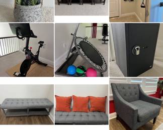 vase w faux flowers, floor mirror with stand, 2 identical beds (frame, mattress, and backboard), faux flower in pot, 4 matching brown side tables, workout bands connected to the wall-theraslide, Peloton bike-2020 2nd generation, workout trampoline and 3 balls, safe, bench with level for placing shoes, 3 decorative pillow, chair, faux plant and pot, lamp, black dresser