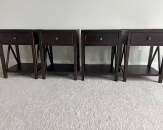 4 dark brown side tables. Each has 1 spacious drawer. Lovely design. Excellent condition. Dimensions: Height= 23.5''. Width= 17'', Depth= 15''.