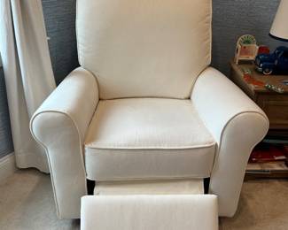 Electric Reclining Chair And Rocking Chair from Pottery Barn Kids. Color: Ivory. Fabric: Velvet= VERY SOFT! Very comfortable. Reclines all the way back. Rocks when not reclined. Purchased for $1,800 . Comfort Power Recliner: Velvet:Ivory