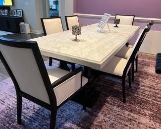 Marble dining room table and white gorgeous chairs from Restoration Hardware. Perfect condition. Table dimensions: 96''=length , 39''=width , 31''=height. Purchased for $5,700. ST. JAMES MARBLE RECTANGLE TABLE TOP 96 HONED CARRARA MARBLE with BLACK OAK TABLE BASE. Must have your own movers and truck. The table is heavy