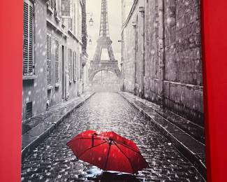 Paris Eiffel Tower Wall Art with Red Umbrella. Perfect Condition Width: 32'' Height: 47'' Depth: 1.25''