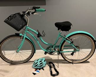 16'' Bicycle -beach cruiser with 7 gears + matching helmet w tag + bike lock +extra seat cushion +large basket + cell phone holder