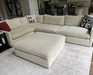 Sectional Couch, Chaise Lounge, and Ottoman. Perfect Condition. SO COMFORTABLE! Beige Linen. Never stains even with things like pasta sauce! Literally a wet napkin will wipe off anything. Purchased for 12,500 from Arhaus