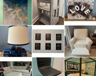 black dresser, Eiffel Tower wall art, stack of 100 dollar bills wall art, abstract wall art, toddler stool, love wall art, truck lamp, 6 piece inspirational wall art, reclining/rocking chair-electric, Arhaus Kipton Linen couch and ottoman, makeup chair, Restoration Hardware bed w backboard, Restoration Hardware dresser, Restoration Hardware nightstands (2), flower wall art