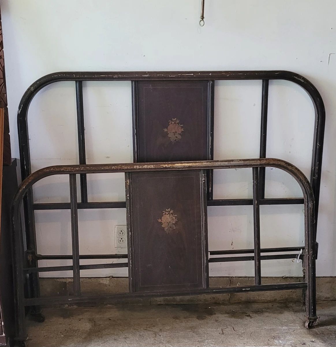  Antique Painted Metal Twin size Headboard & Footboard only NO RAILS – Faux Bois Wood Grain & Floral Motif 