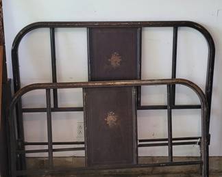 Antique Painted Metal Twin size Headboard & Footboard only NO RAILS – Faux Bois Wood Grain & Floral Motif