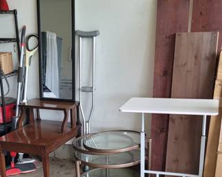 MCM end table, 3 tiered glass & metal table, rolling laptop desk