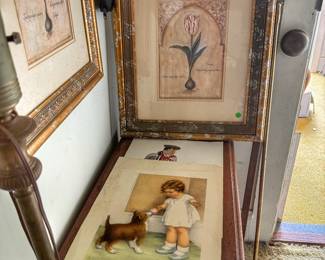 A beautiful collection of vintage framed artwork and unframed lithograph prints, perfect for collectors of classic home decor, botanical art, and nostalgic illustration.