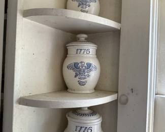 These beautiful Metlox Poppy Trail “Eagle Provincial” canisters were proudly made in California and are a wonderful piece of American history. Featuring the iconic blue eagle design with the date 1776, they became especially popular during the 1970s as families celebrated the U.S. Bicentennial and embraced classic Americana décor.