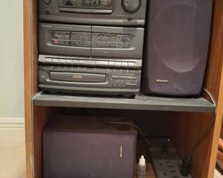 Panasonic Stereo Receiver, Dual Cassette Deck and CD Player in cabinet with Sharp Speakers - Works and sounds great!