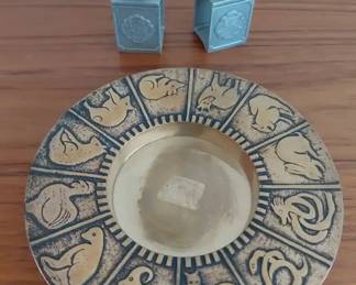 Vintage Brass Chinese Zodiac Ash Tray And Pewter Zodiac Figures