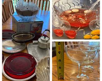 6 Champagne Coupes and serving items in Silverplate, Glass and Aluminum