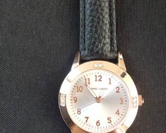 HINO UNITED Women's Rose Gold Tone Watch with Black Leather Strap
