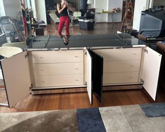 1970s Italian Modern Black Lacquer and Mirrored Credenza
