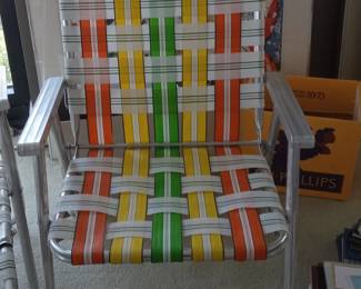 Vintage Aluminum Webbed Lawn Chair - Orange, Yellow, Green, White Stripes