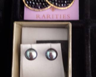 Black Crystal Teardrop Earrings and Tahitian Pearl Stud Earrings