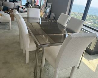 Milo Baughman Style Chrome and Glass Extendable Dining Table with Chairs