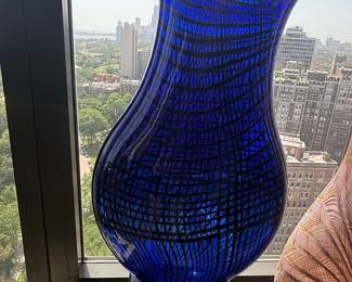 Murano Glass Vase, Blue Grid Pattern