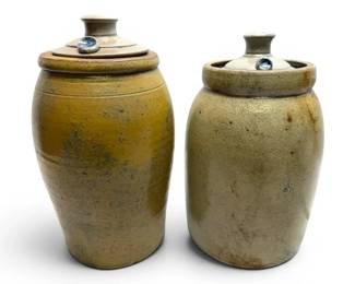 Two Lidded Stoneware Crocks