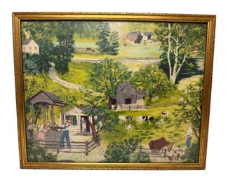 Farm Scene Fabric In A Gold Frame