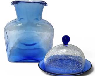 Blenko Blue Double Spout Water Bottle  Crackle Glass Butter Dish