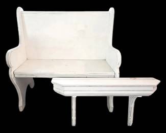 Distressed White Wooden Bench  Wall Shelf