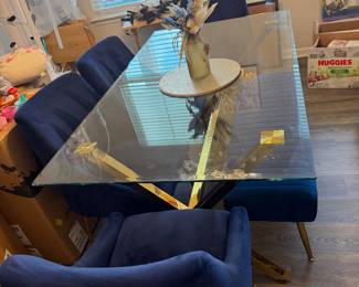 Dining Room Table with 4 Navy Chairs and a Navy Bench