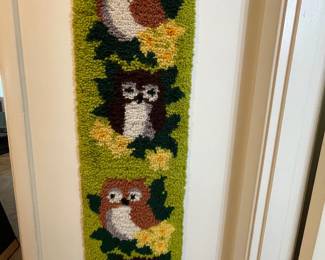 Groovy, 1970’s wool hooked rug of a parliament of owls