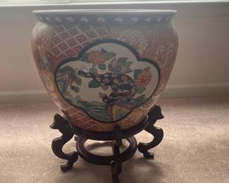 Chinese Porcelain  Planter & Wood Base - $300 for both - 16 wide and 21 tall with stand 